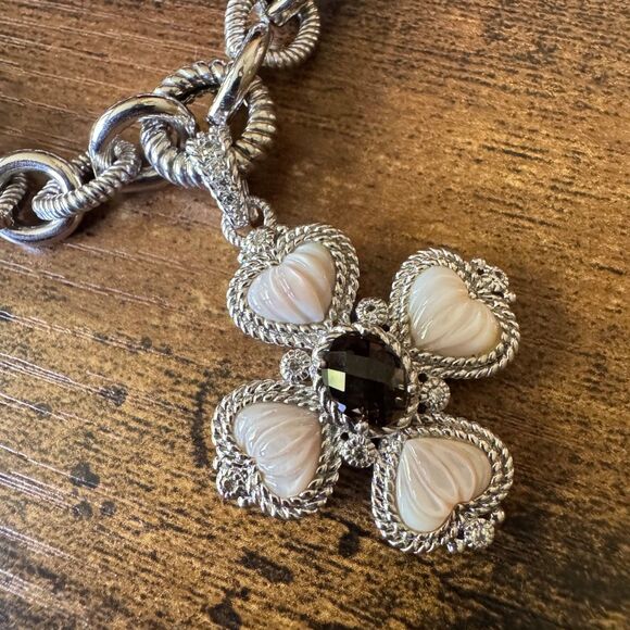 Judith Ripka 925 Silver Pink MOP Heart + CZ Maltese Cross Pendant Chain Necklace - Picture 10 of 17